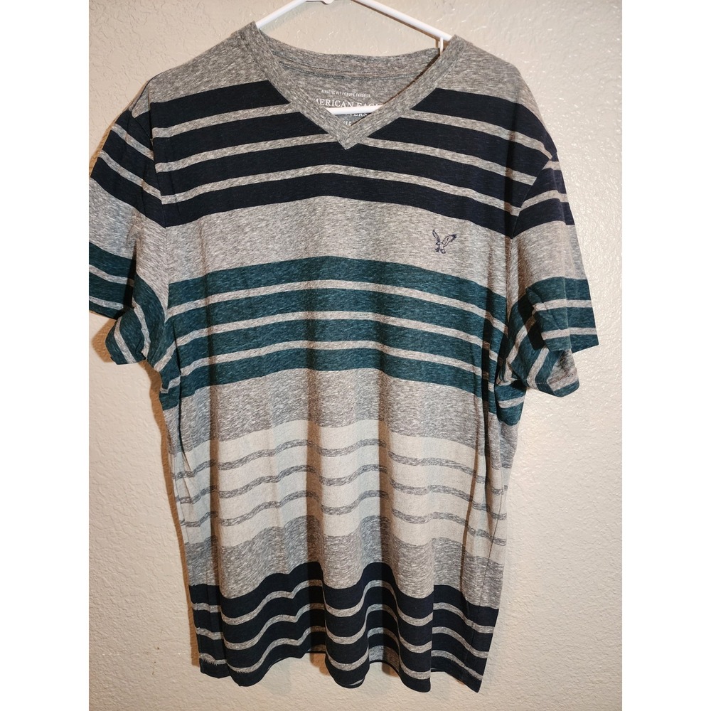 American Eagle Outfitters Mens Stripe T-Shirt, Size XL, Gray, V-Neck‎